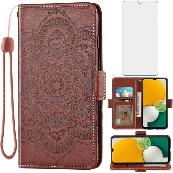 Compatible with Samsung Galaxy A13 5G Wallet Case and Tempered Glass Screen Protector Leather Flip Card Holder Stand Cell Phone Cover for Gaxaly A 13 G5 2022 13A A135G SM A136U Women Men Brown