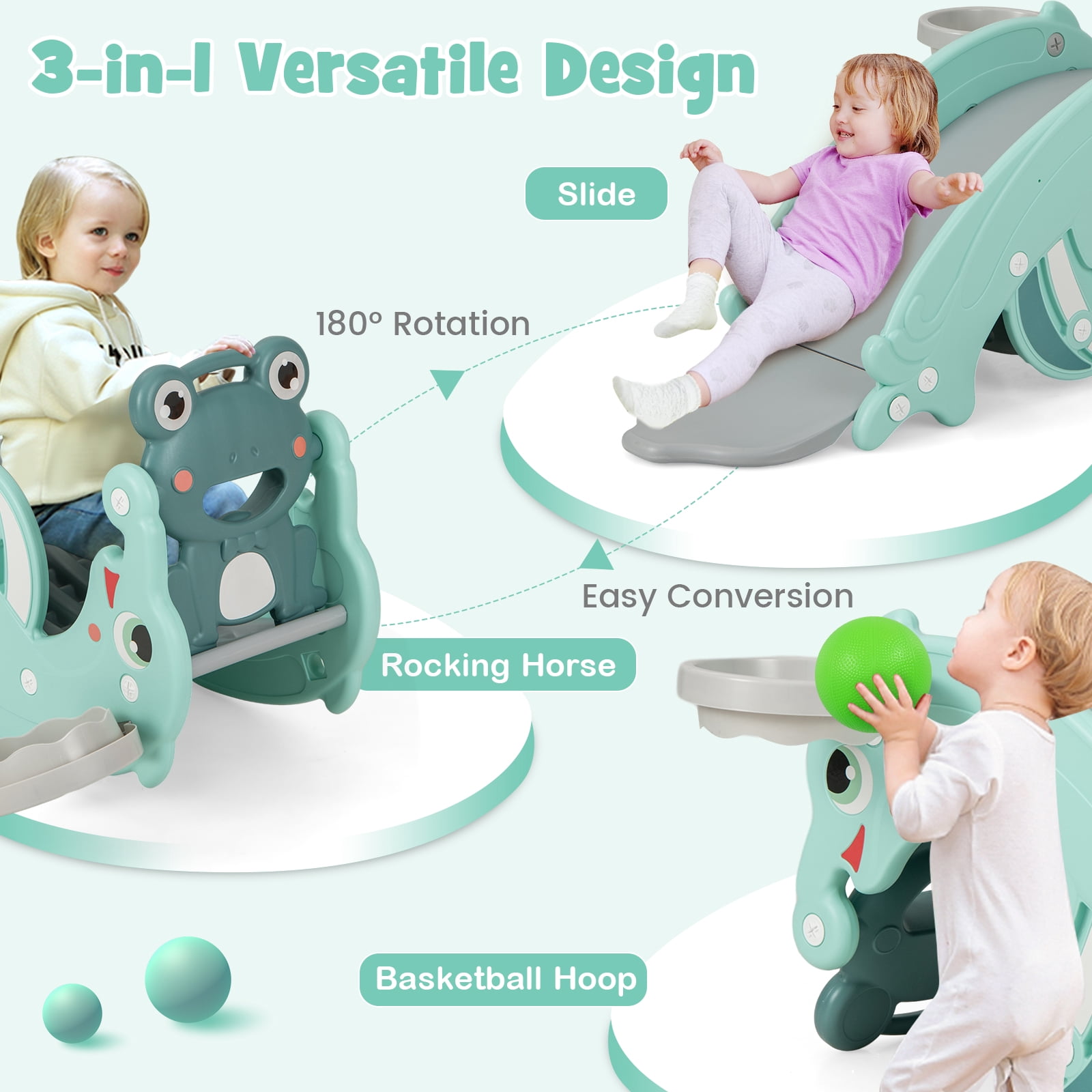 Infans 3-in-1 Kids Slide Rocking Horse Set Convertible Toddler Slide w/ Basketball Hoop
