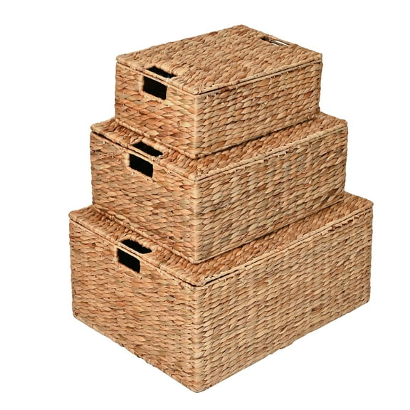 happimess BSK2006A-3SET Brooks Classic Farmhouse Woven Hyacinth Rectangular Storage Baskets with Lids and Handles, Natural (Set of 3)