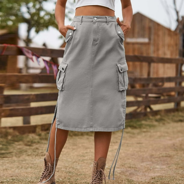 Mefallenssiah Femme Printemps et Ete Denim Robe de Travail Jupe de Poche Jupe Mi Longue Decontractee Walmart