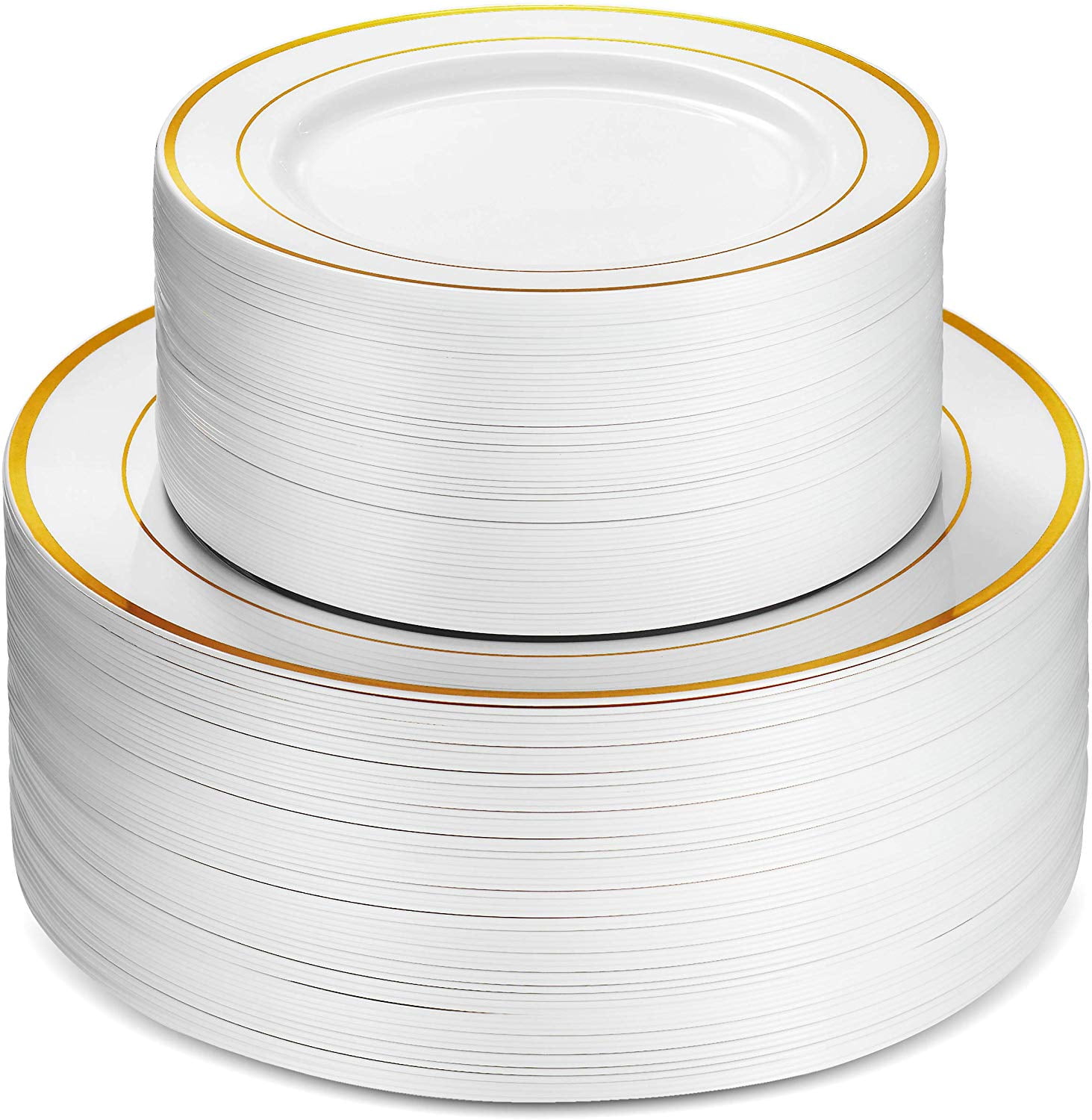 100pc. Plastic Party Plates White Gold Rim, 50 Premium 10.25in. Dinner ...