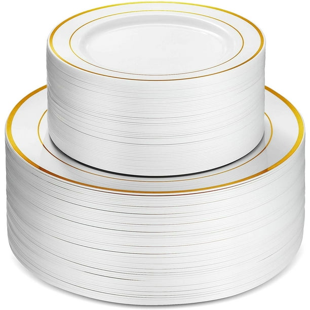 100pc. Plastic Party Plates White Gold Rim, 50 Premium 10.25in. Dinner ...