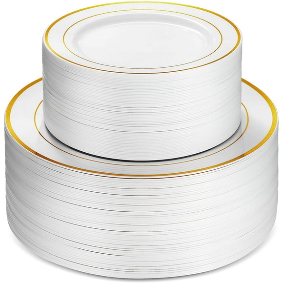 100pc. Plastic Party Plates White Gold Rim, 50 Premium 10.25in. Dinner Plates and 50 Disposable 7.5in. Dessert Plates