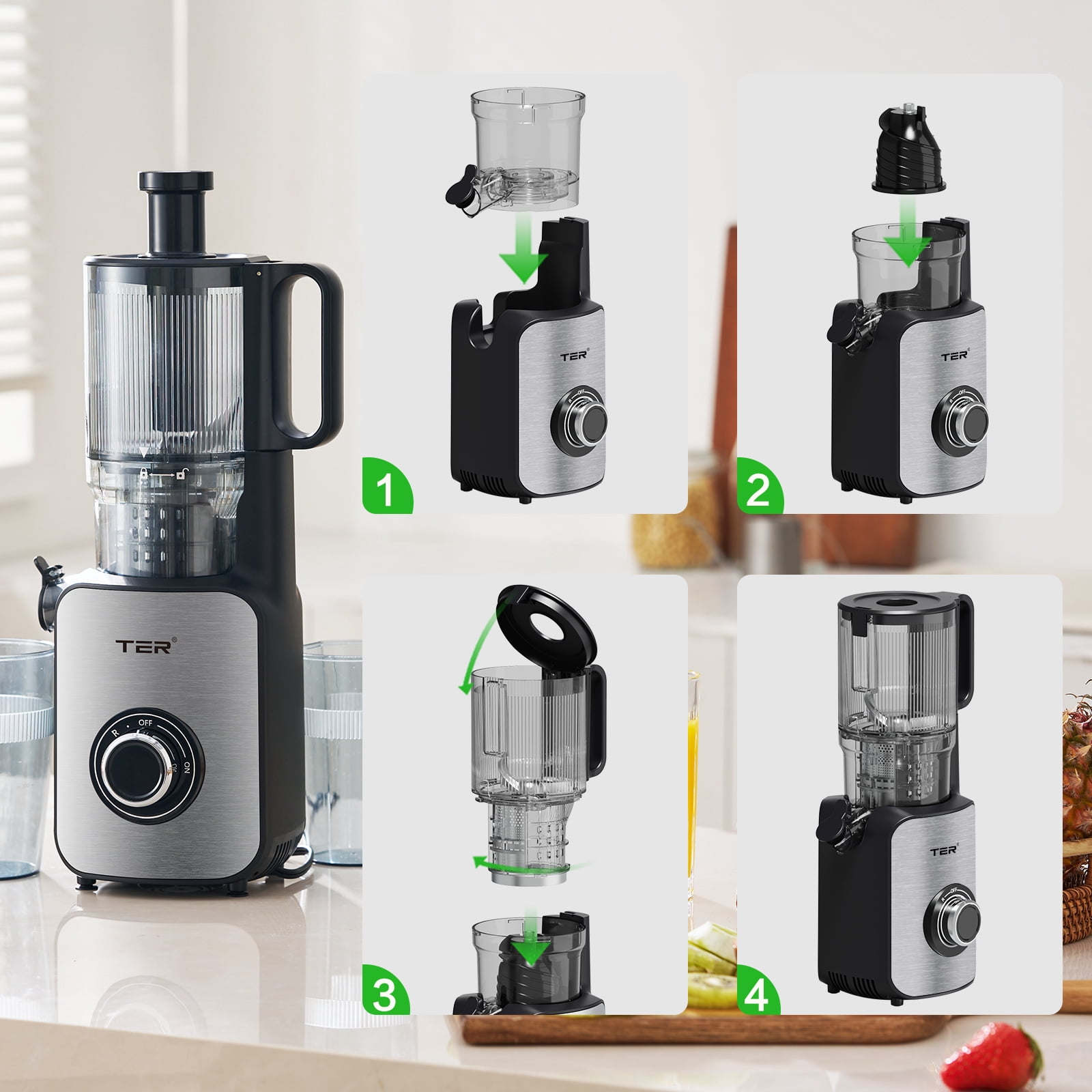 Juicer Machines, TER Cold Press Juicer With 5'' Wide Chute, Stainless Steel Slow Masticating For Vegetables & Fruits, High Juice Yield, Easy To Clean, Includes 2 Cups, Silver
