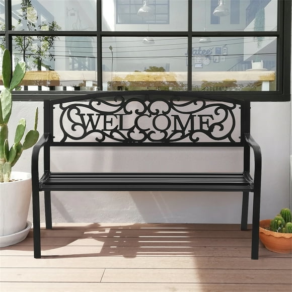 Banco de Jardín Costway Estructura de Metal con Letrero WELCOME Negro 127 x 63,5 x 89 cm