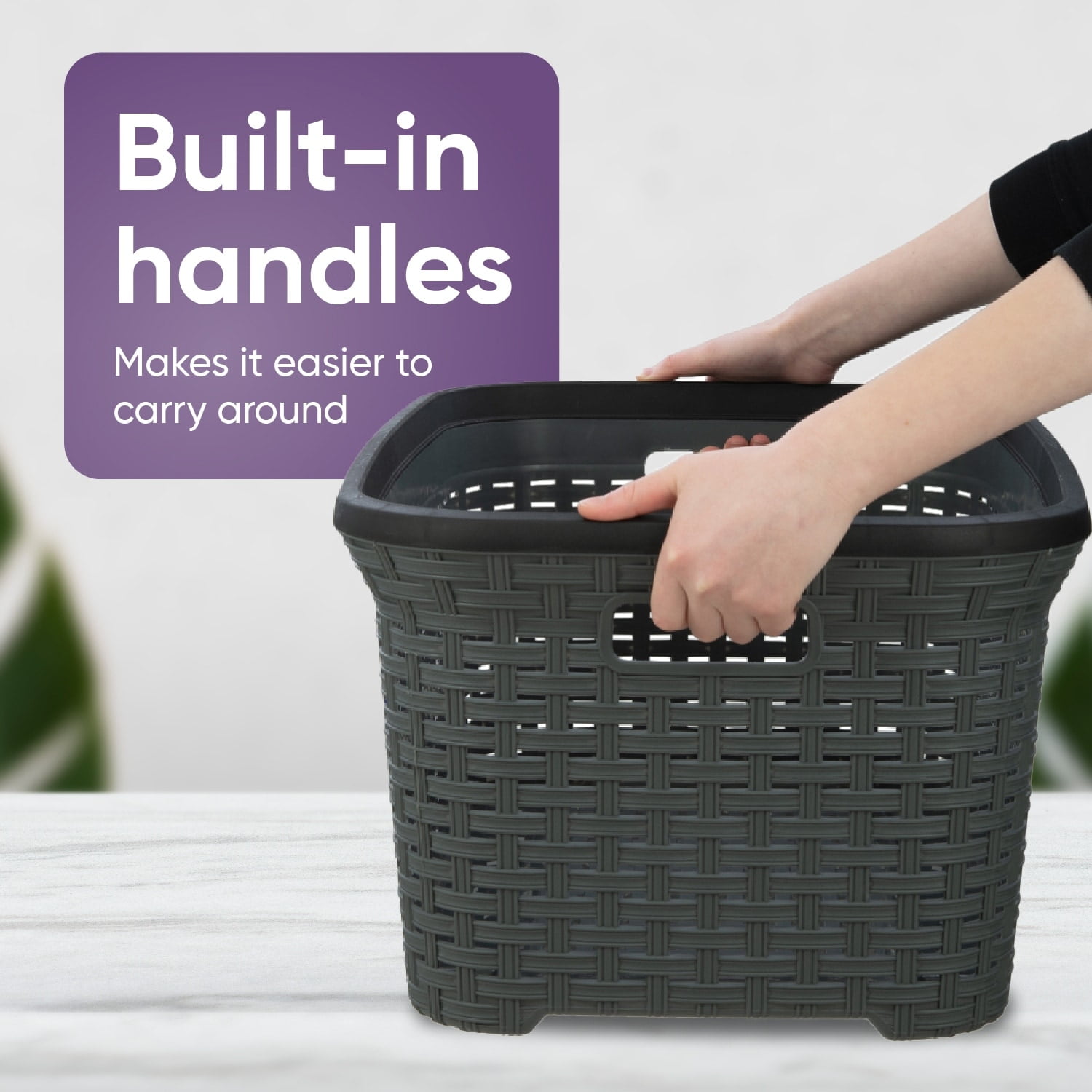 Superio  Large Wicker Laundry Basket with Cutout Carry Handles - Capacity: 50l Grey