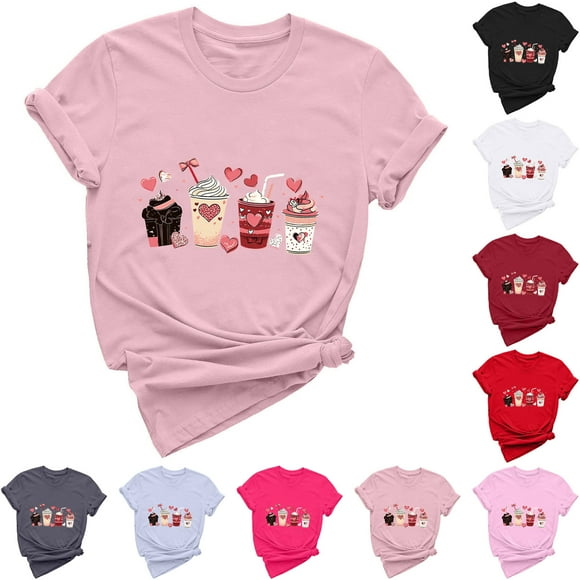 VKOYWKM Heart Print T Shirts for Women Valentines Day T-Shirts Romantic Short Sleeve Spring Tshirts Crew Neck Loose Fit Holiday Tops Girlfriend Valentine's Day Shirt Gift