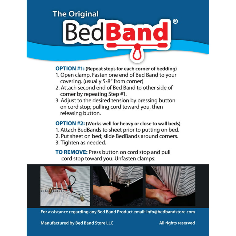 Bed Band Not Made in China. 100% USA Worker Assembled.. Bed Sheet Holder,  Gripper, Suspender and Strap. Smooth any Sheets on any Bed. Sleep Better.