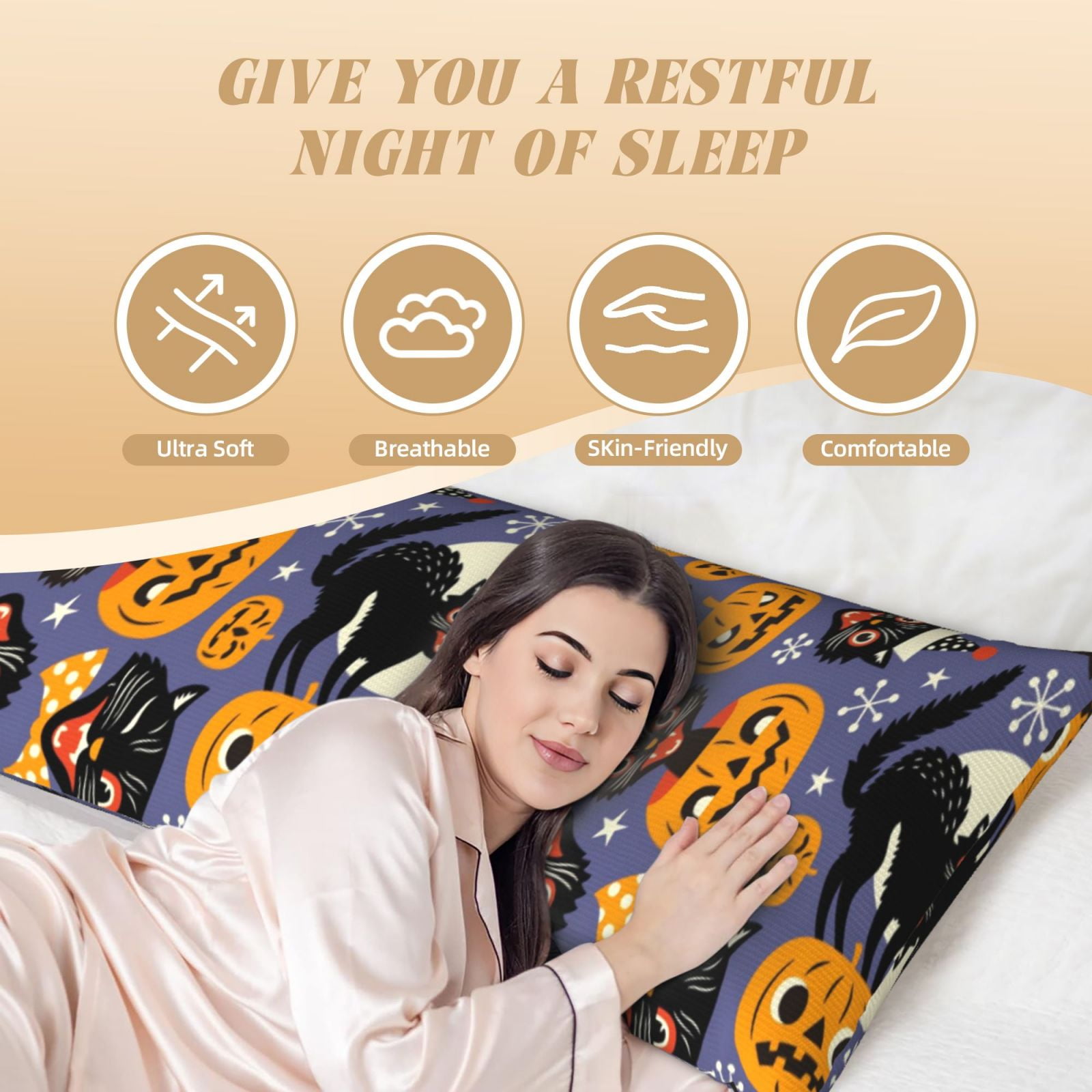 Naloa Spooky Cats And Halloween Pumpkins Super Soft 20x60 Body Pillow Case,Long Side Hidden Zipper（PILLOWS ARE NOT INCLUDED）