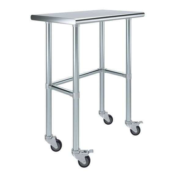 AmGood 30" Long x 18" Deep Stainless Steel Work Table With Open Base and Wheels | Mobile Metal Table