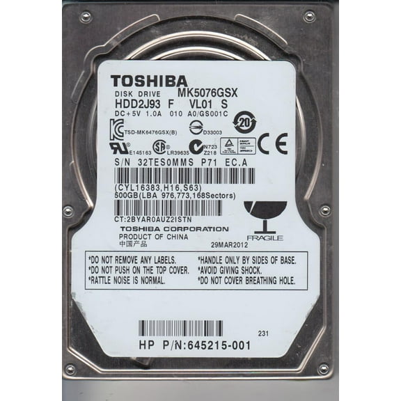 MK5076GSX, A0/GS001C, HDD2J93 F VL01 S, Toshiba 500GB SATA 2.5 Hard Drive