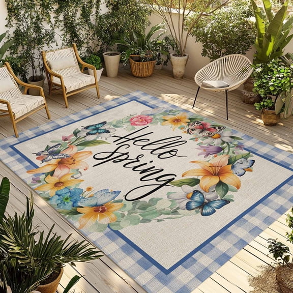 Hello Spring Outdoor Rug for Patio/Deck/Porch, Non-Slip Large Area Rug 5 x 8 Ft, Farmhouse Floral Eucalyptus Wood Plaid Burlap Indoor Outdoor Rugs Washable Area Rugs, Camping Rug Carpet Runner