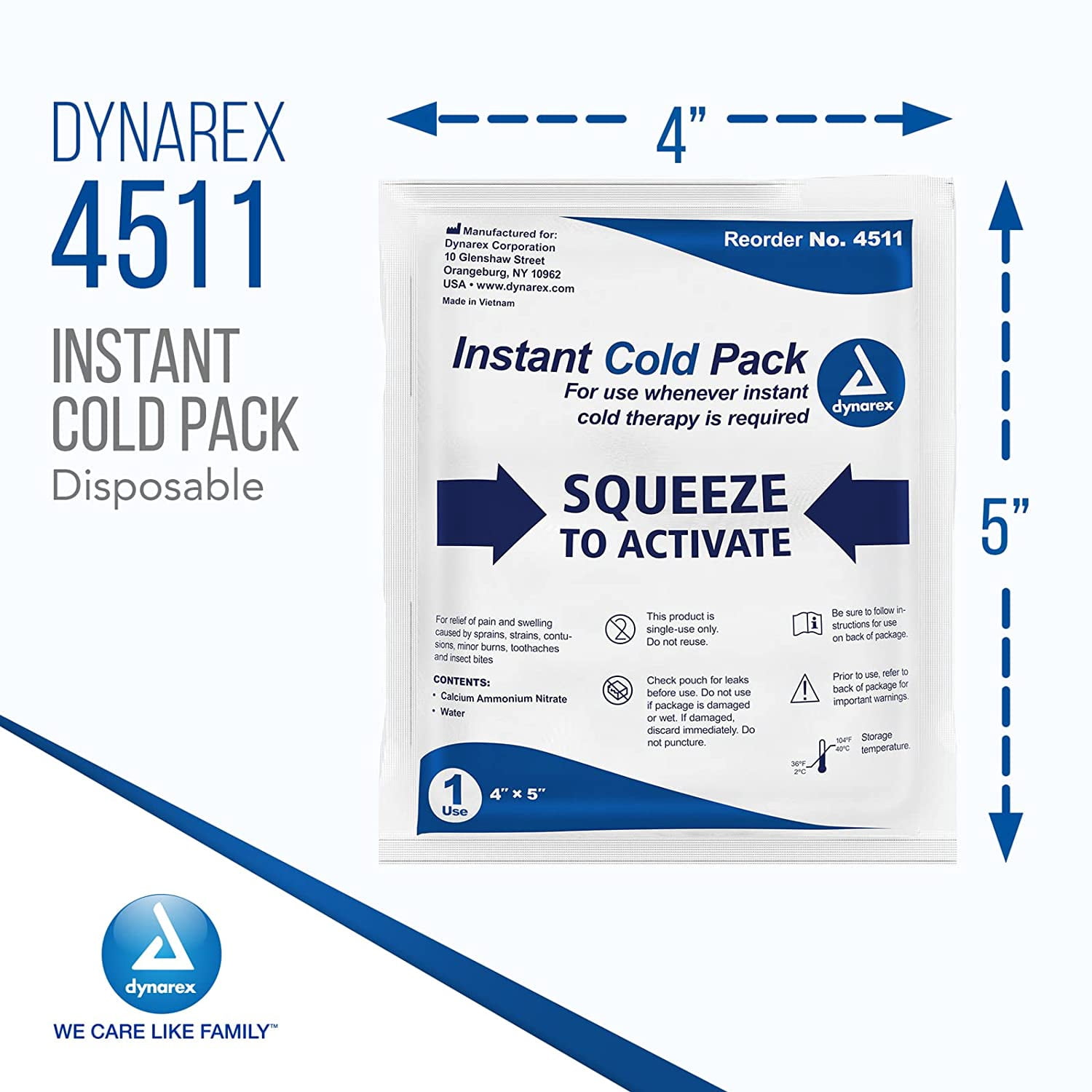 Dynarex Instant Cold Pack General Purpose One Size Fits Most 4 x 5 Inch Disposable, 4511 - Case of 24