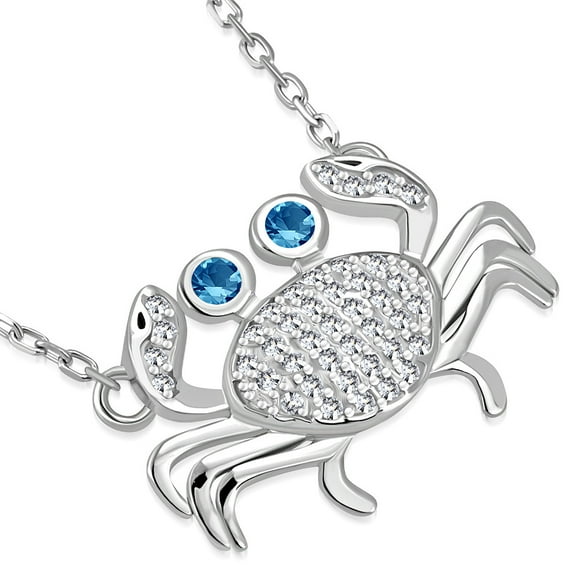 925 Sterling Silver White Clear Blue CZ Crab Pendant Necklace, 18"