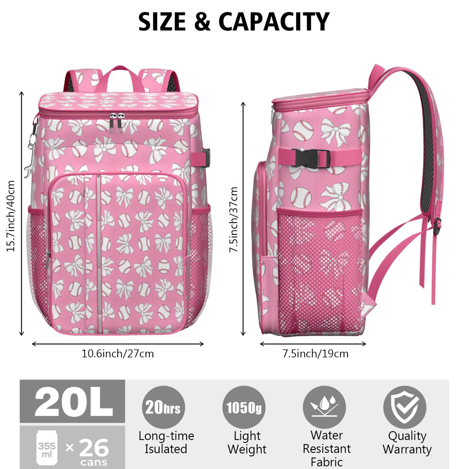 Travel Cooler Bag - Pink Bows and Baseballs Pattern Camping Beer Cooler Backpack with Bottle Opener- Waterproof Insulated Picnic Backpacks - Cooler Bag for Beach