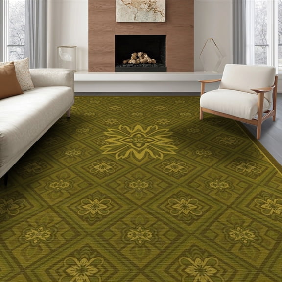 ODIKA 8'x10' Washable Area Rug Mid Century Geometric Tone Vintage Chartreuse Beige Cream Tan for King Size Bedroom Under Bed, Master Suite, Non-Shedding, Easy Care