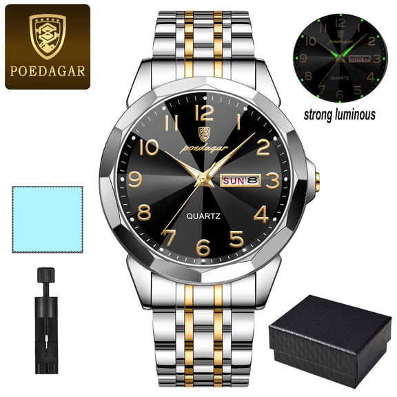 POEDAGAR Mens Stainless Steel Quartz Watch Luminous Analog Wrist Watch with Date Week Display Fashion Casual Male Business Watch