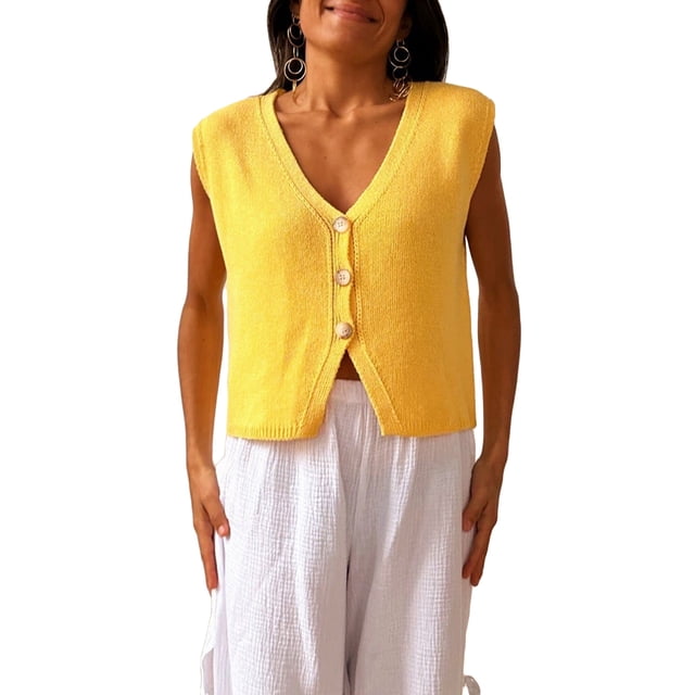 Gupgi Knit Tank Tops for Women Button Front V-Neck Basic Tops Casual Solid Color Sleeveless Sweater Vest