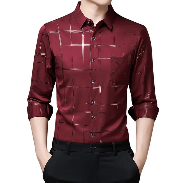 Camisas De Franela Para Hombre Camisa informal de manga larga con estampado de solapa holgada para hombre (Wine, M)