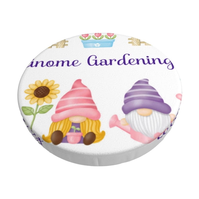 Disketp Watercolor Gnome Garden Funda Redonda para Taburete, Funda de Cojín para Silla de Bar Suave y Elástica-14 inch