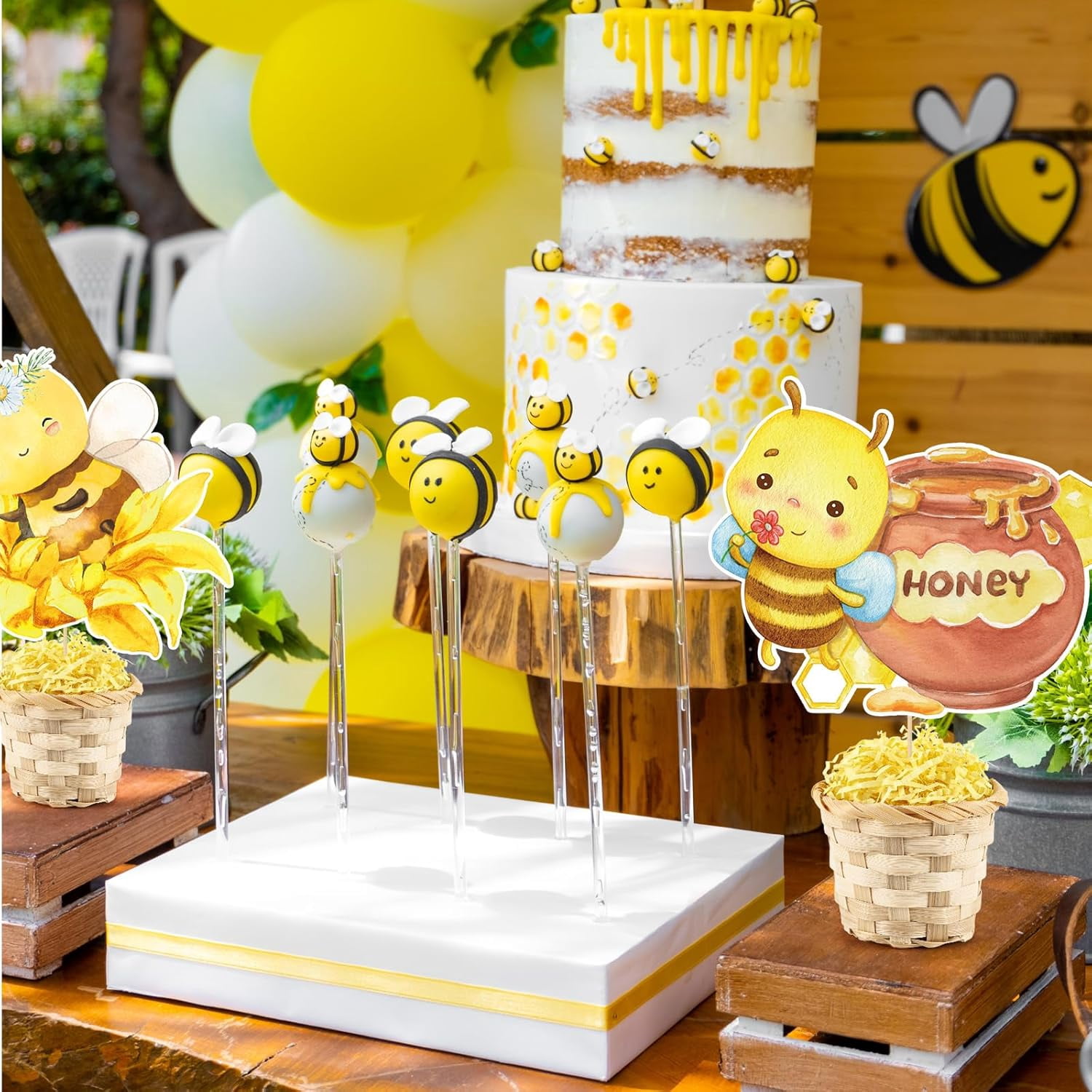 6 Set Bee Bumble Honeycomb Baby Shower TableCenterpieces Decortion with Bamboo Basket A Little Bee Is On The Way Welcome Oh Baby Boy Girl Gender Reveal Party Birthday Nursery Cake Toppers Tiered Tray