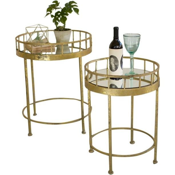 Juego de 2 mesas decorativas redondas con tapa de espejo con acabado dorado