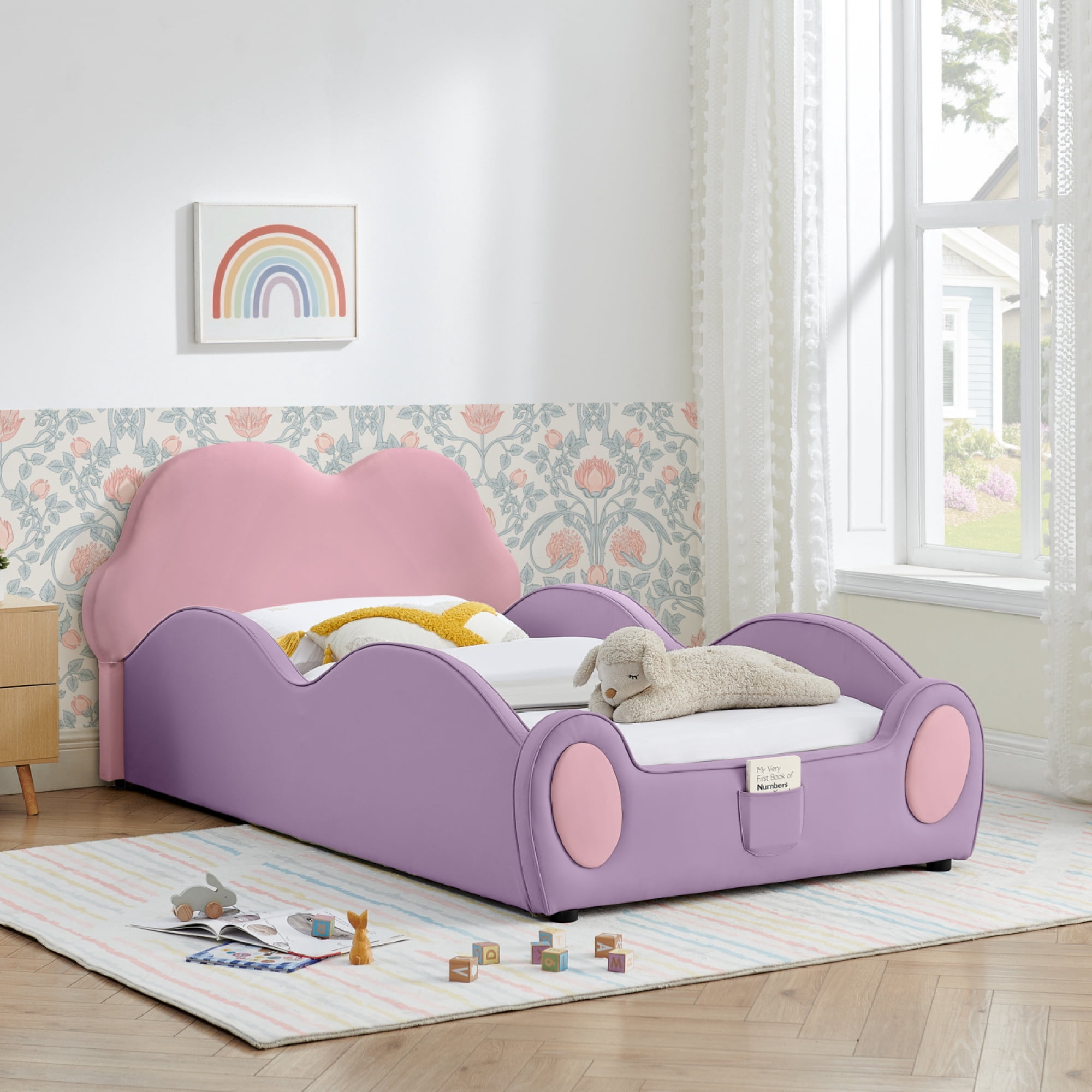 Twin Size Cute Cloud Shape PU Leather Bed with Guardrails, Safety Toddler Bed with Cartoon and Storage Pocket,Pink Purple