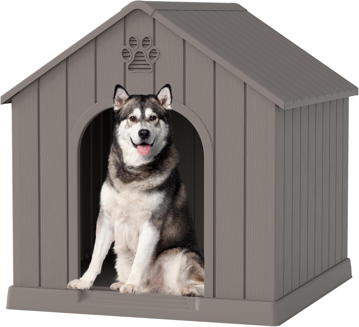 Large Dog House Outdoor Indoor, Durable Plastic Waterproof Doghouse with Air Vents and Elevated Floor, Easy Clean and Assemble for Medium Large Dogs (Classic Grey, 36.2''L×38''W×38''H)
