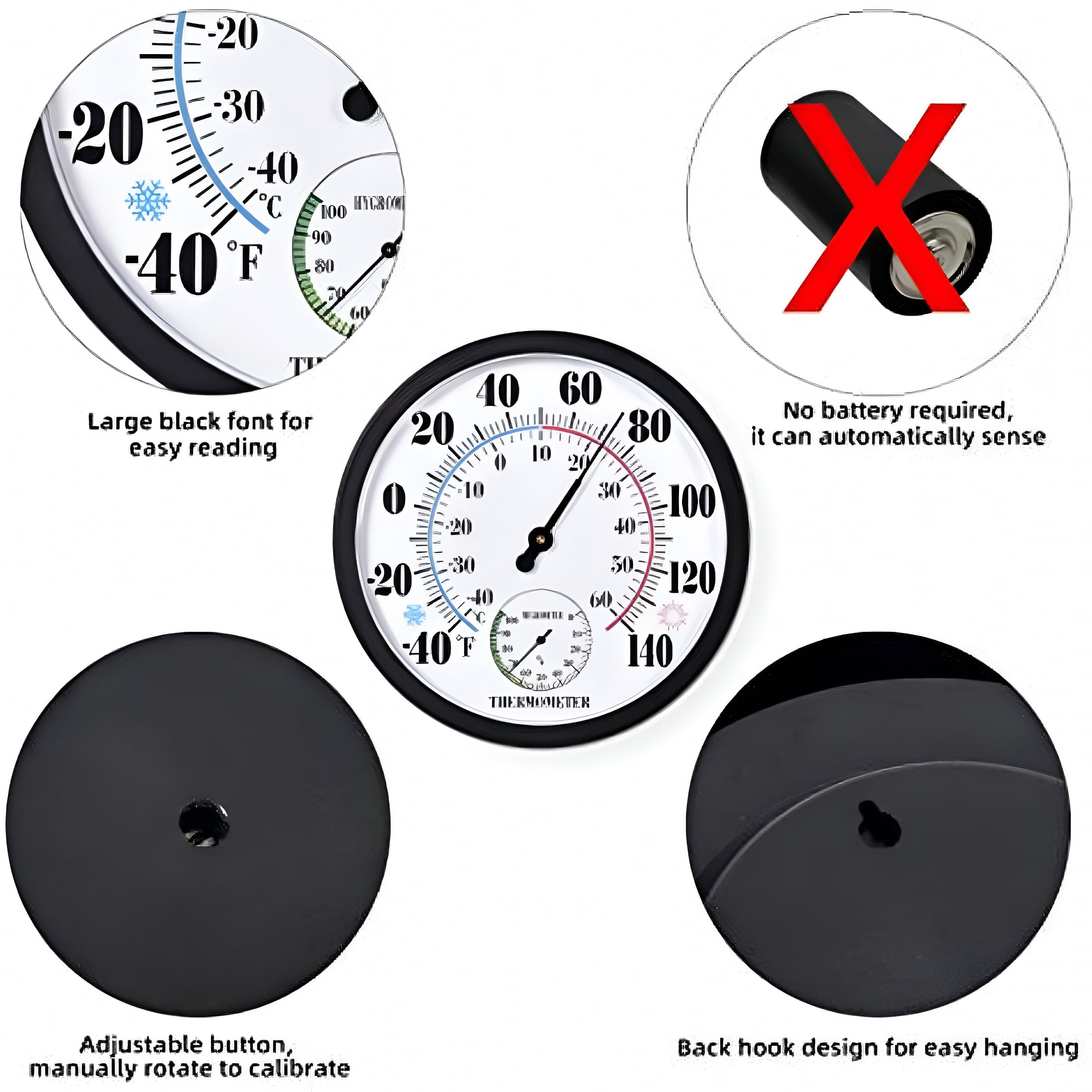 GJX 2026 New Indoor Outdoor Thermometer Large Numbers Wall Thermometer Hygrometer Waterproof Does Not Require Battery 10 Inch Wireless Hanging Hygrometer Garden Decoration (Black)