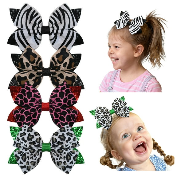 JoyBowie 4 Pcs 4.3inch Animal Print Hair Bows for Girls 5-12 Years, Glitter Grosgrain Ribbon Clips for Parties & Daily Hairstyles