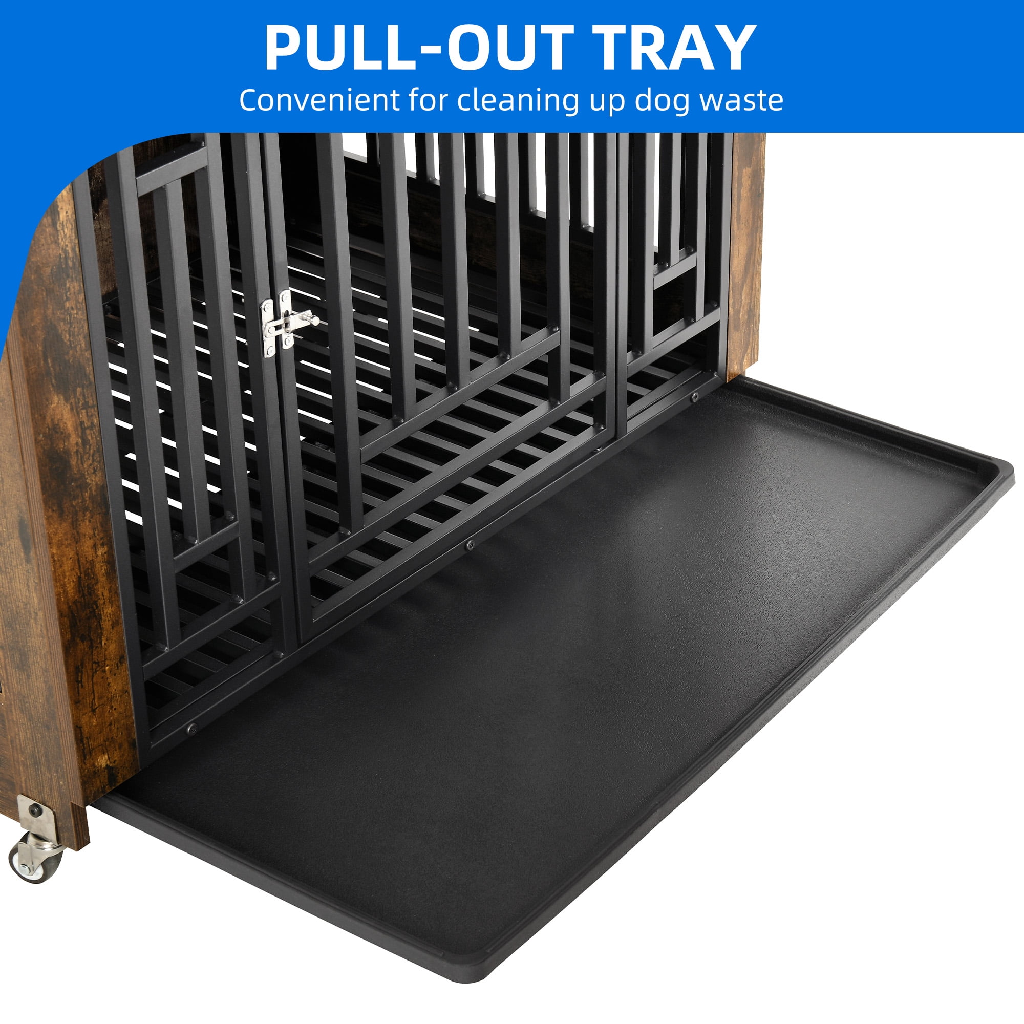 Dextrus 38.2 Inch Dog Crate Furniture with Wheels, Wooden Indoor Dog Kennel with Removable Tray End Table for Dogs