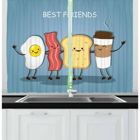 Bacon Curtains 2 Panels Set, Cute Image of an Egg Bacon Toast Bread and Cup of Coffee as Morning Best Friends, Window Drapes for Living Room Bedroom, 55W X 39L Inches, Multicolor, by (Best Bread For Toast)