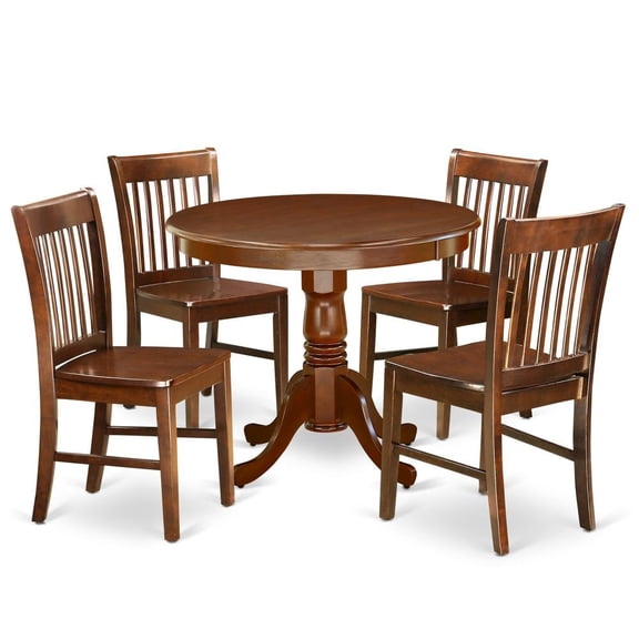 FurniFact Mahogany Dining Set, Round Pedestal Table, Wooden Seat Chairs, 4-Person