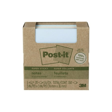 Post-it&#174; 100% Recycled Paper Super Sticky Notes, 3 in. x 3 in., Wanderlust Pastels, 5 Pads/Pack, 70 Sheets/Pad