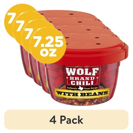 (4 pack) Wolf Brand Chili With Beans, 9g Protein Per Serving, Microwaveable, 7.25 oz. Bowl