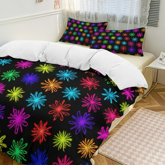 Colorful Neon Floral Pattern Duvet Cover Set Themed Multicolor Polyester Bedding Set for Bedroom Decoration
