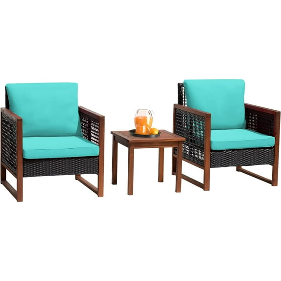 3-Piece Patio Bistro Set Acacia Wood Outdoor Chat Conversation Table Chair Set Outdoor Wood Chat Set with Water Resistant Cushions and Coffee Table for Beach Backyard Garden,Blue Cushion