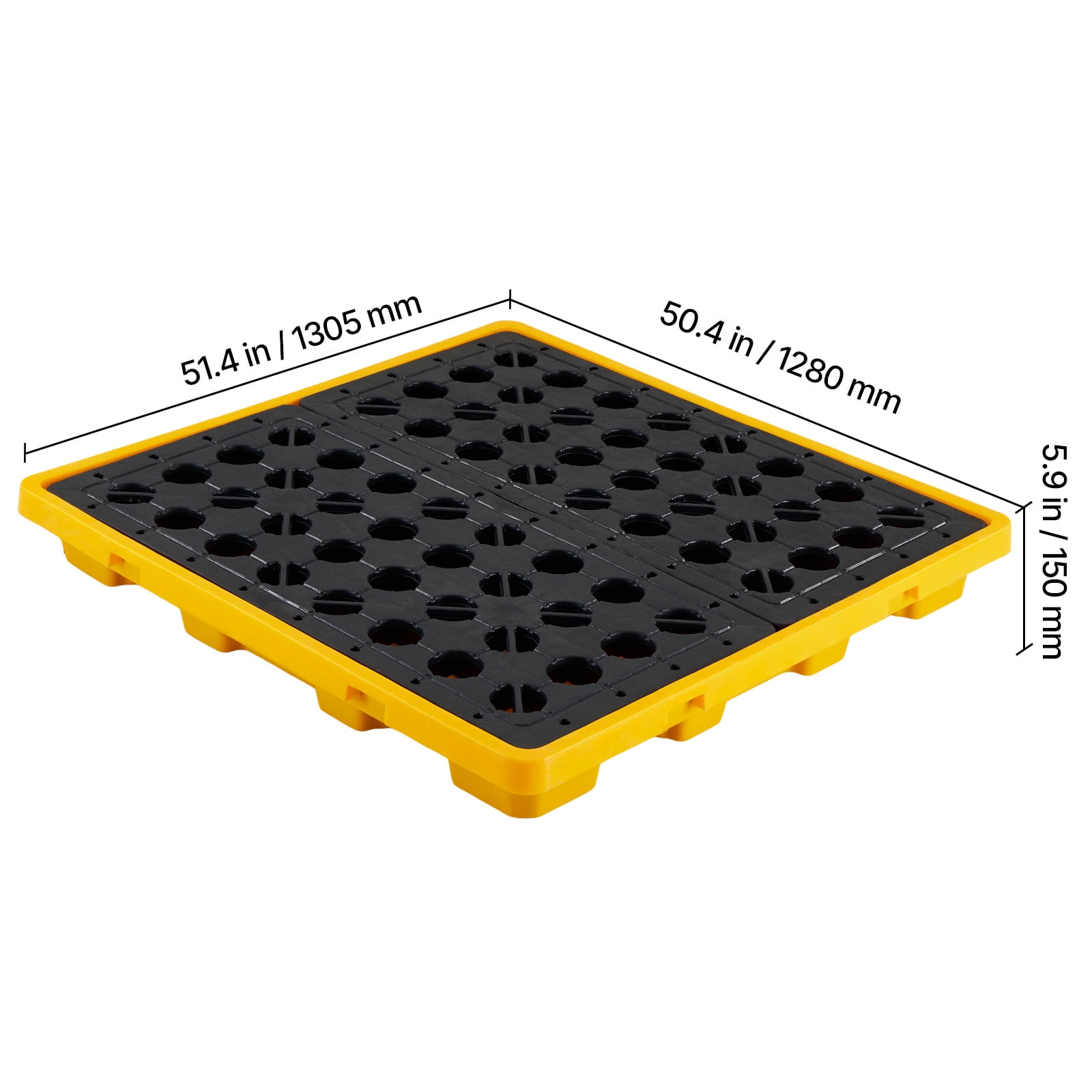 KFFKFF 4-Drum Spill Containment Pallet, Low-Profile Modular Platform, 31-Gallon Sump Capacity, 8818 lbs Load Support, Durable Polyethylene Tray with Drain, 51.4" x 50.4" x 5.9", Yellow