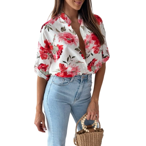 Women Hawaiian Floral Printed Button Down Shirts Red L