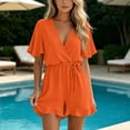 thumbnail image 2 of biudgviw Womens Summer Rompers Short Sleeve V Neck Jumpsuits Drawstring Casual Ruffle Hem Shorts Beach Vacation Outfits, 2 of 7
