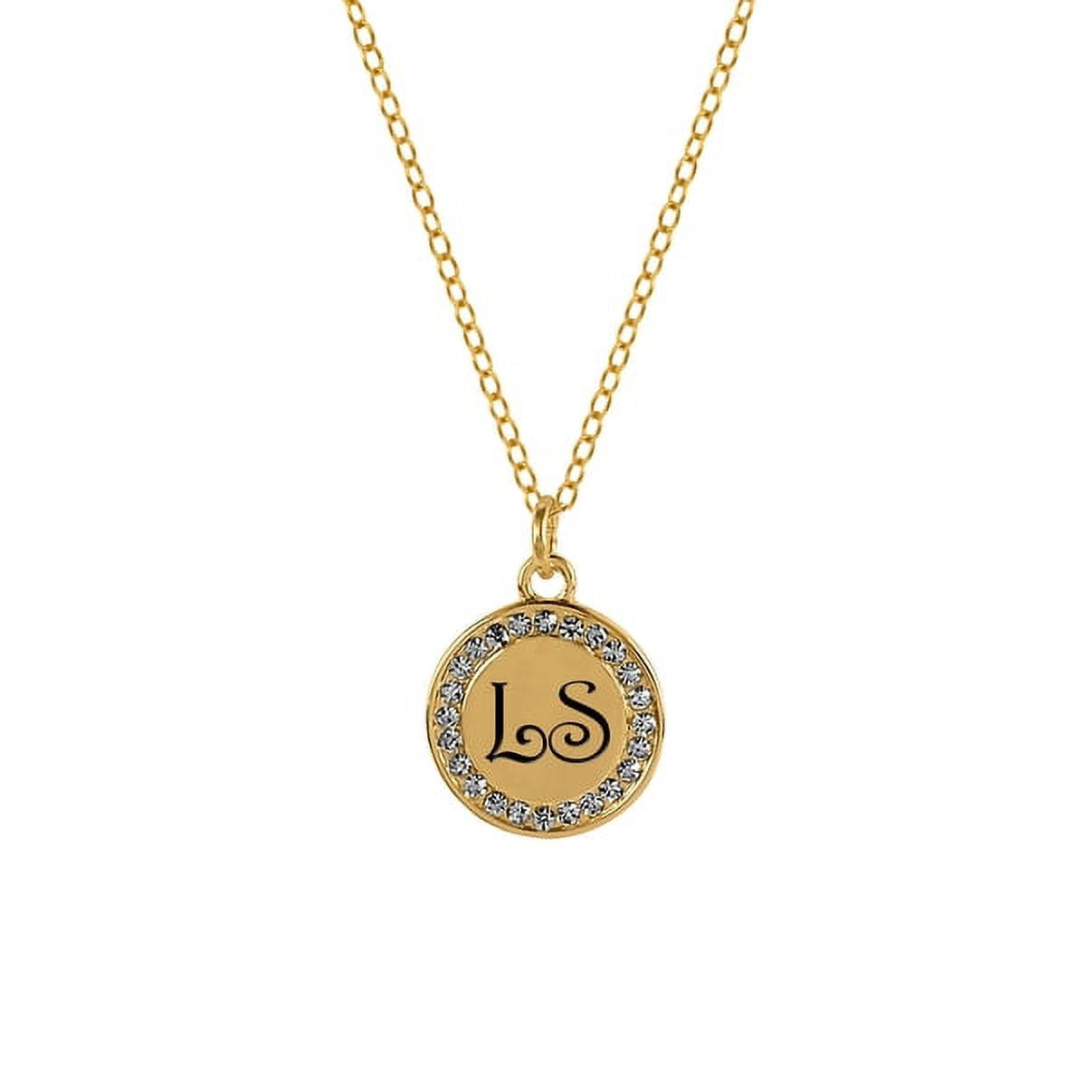 Personalized Silver Plated or Gold Tone Laser Engraved 2-Initial Disk Necklace with Cubiz Zirconia On Border with 18 inch Link Chain. Spring Ring Clasp.