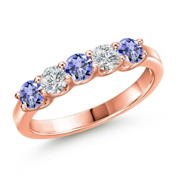 Gem Stone King 18K Rose Gold Plated Silver Blue Tanzanite and Lab Grown Diamond Wedding-Bands Ring for Women | 0.88 Cttw | Round 3.5MM | Gemstone December Birthstone | Size 5