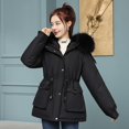 thumbnail image 1 of Chaqueta corta de mujer engrosada con felpa y cuello de piel grande, corte entallado y chaqueta de algodón adelgazante, 1 of 6