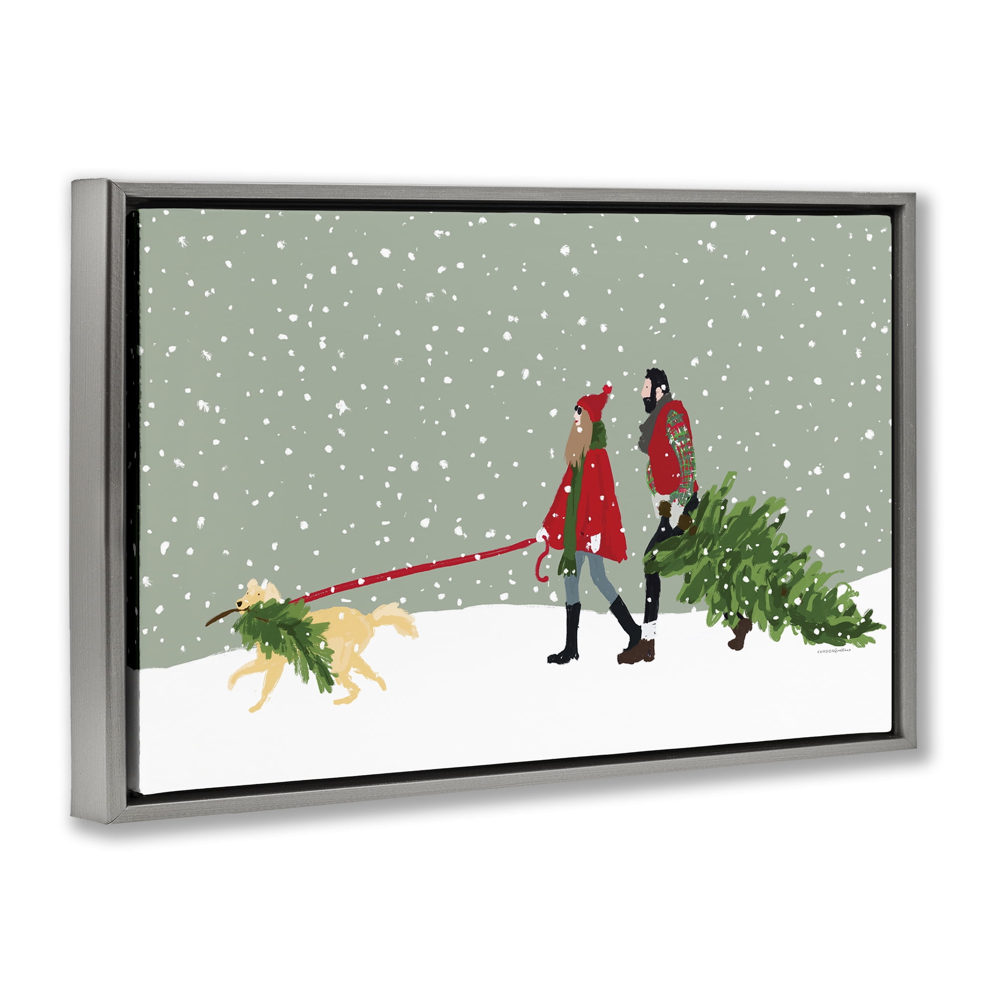 Stupell Industries Couple with Christmas Tree Holiday Painting Gray Floater Framed Canvas Art Prints Wall Art, 25 x 17
