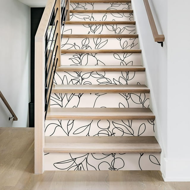 Flortlias 15Pcs Leather Textured Vinyl Peel and Stick Stair Riser Decals, Self-Adhesive Staircase Riser Stickers, Textured PVC Abstract Boho Leaves, Beige Background