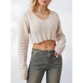 thumbnail image 3 of Faithtur Women’s Short Knit Sweater Long Sleeve Deep V Neck Textured Striped Ribbed Knitted Pullover Sweater Tops, 3 of 9