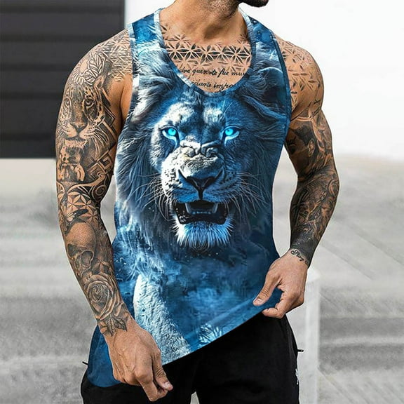 Sakmal Blue Men Tank Tops Scoop Neck Blue Lion Stringer Graphic Camisole Lightweight Muscle Sleeveless Shirts