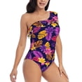 thumbnail image 3 of Easygdp Purple Flower Women's One Shoulder Ruffle Monokini Bathing Suits with Removable Chest Pad, Quick Drying - Small, 3 of 8