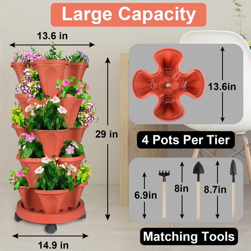 iHomeGarden Vertical Planter 5-Tier Stackable System - Indoor/Outdoor Garden Kit for Strawberries, Herbs, Vegetables (Beginner-Friendly Design), Red