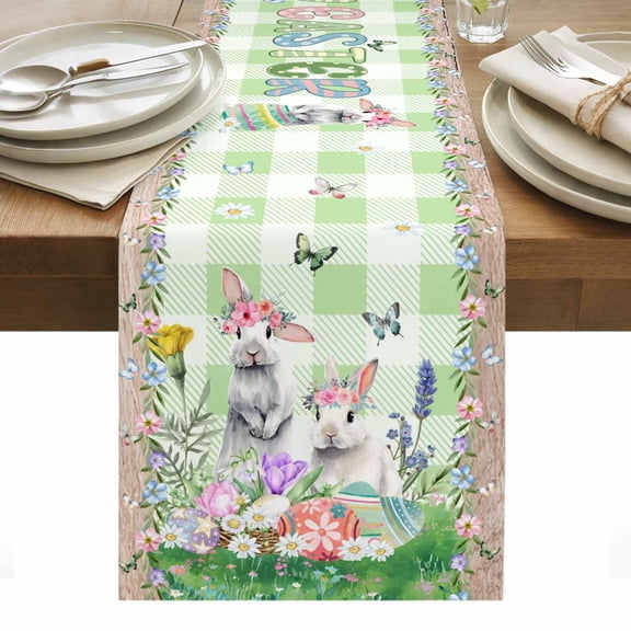 Easter Table Runner - 36 Inch Long, Kitchen Dining Table Runner Dresser Scarves, Spring Rabbit Botanical Flowers Eggs Plaid Farmhouse Decor for Coffee Tables Wedding Party Banquet
